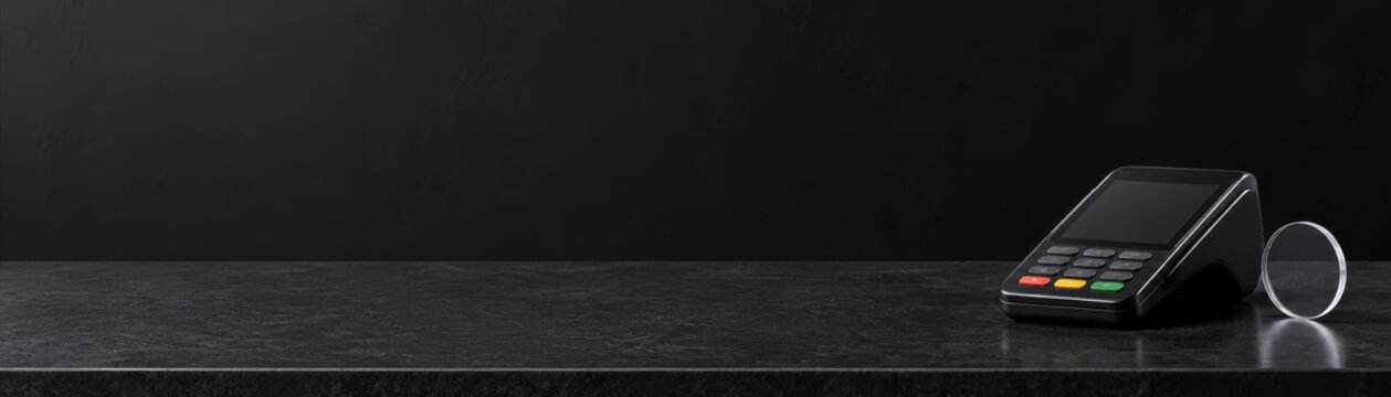 Modern payment terminal on dark countertop for retail business transactions and digital checkout system concept