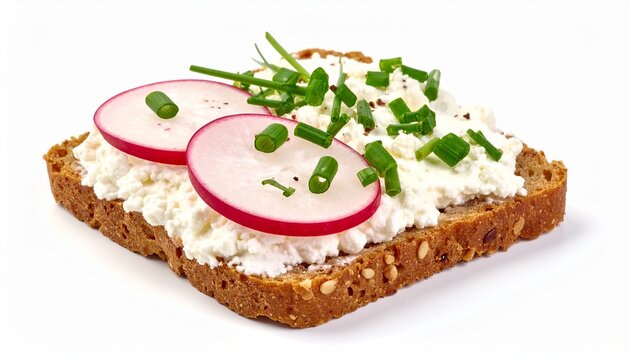 healthy crusty toast topped with white cream cheese and radishes