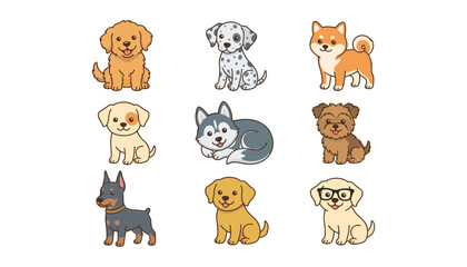 Obraz premium Cute dog breeds cartoon character vector icon collection with puppy sticker illustrations including husky shiba inu dalmatian retriever