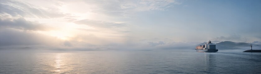 Fototapeta premium Panoramic view of cargo ship sailing through foggy coastal waters at golden sunrise over mountain horizon