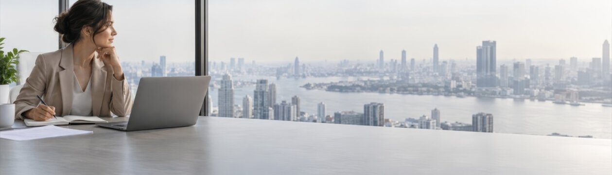 Professional businesswoman working in modern office with panoramic cityscape skyline view at sunset