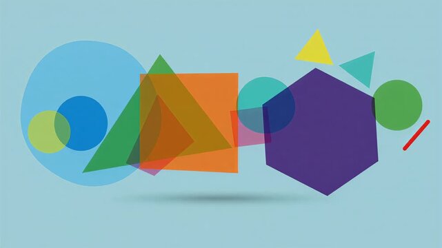 Abstract geometric shapes composition with colorful transparent circle triangle square and hexagon elements over blue background