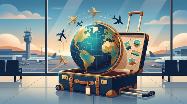 Open Suitcase with Globe and Airplanes at Airport Terminal.