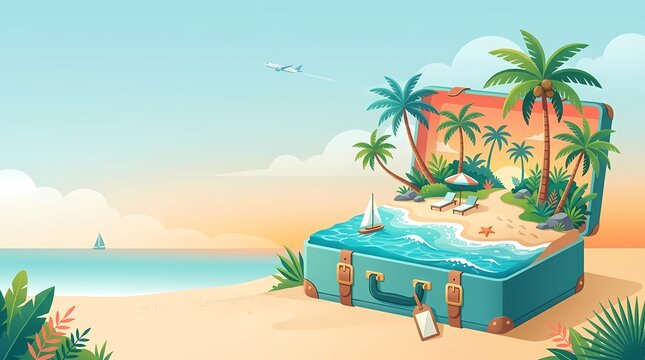 Open Suitcase with Tropical Beach Paradise Scene.