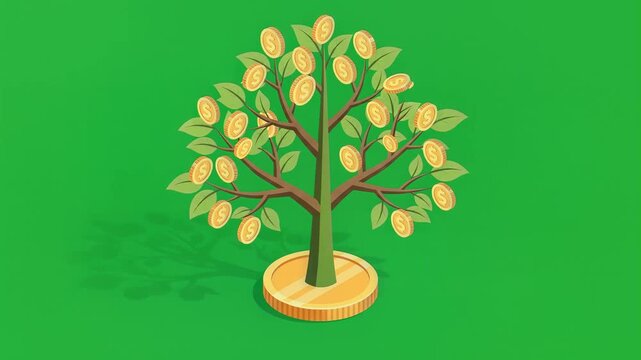 Money tree growing from a gold coin representing investment stages