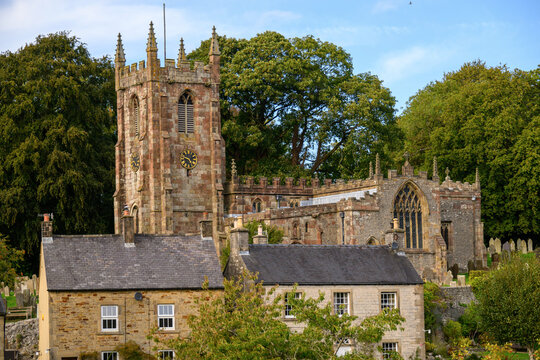 St Giles' Church and Stone Cottages in Hartington, Peak District, Derbyshire