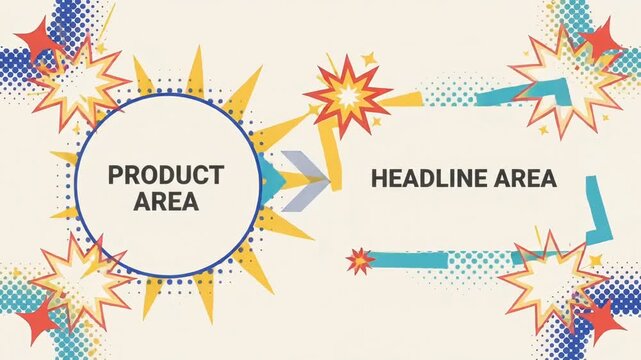 Retro Pop Art Comic Style Motion Graphics Template with Product and Headline Text Placeholders, Halftone Elements and Sunburst Background.