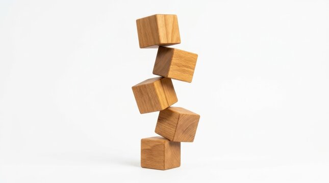Stack of natural wooden cubes in precarious balance on white background