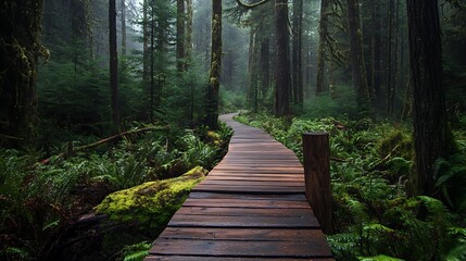 Fototapeta premium A wooden path winds through a misty, green forest.