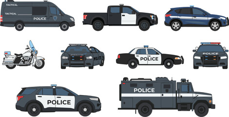 Police vehicles vector set with patrol cars tactical armored truck motorcycle suv pickup isolated on white background illustration © moinul