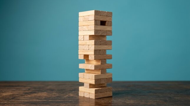 Tall Jenga tower of wooden blocks on dark wood table against teal background