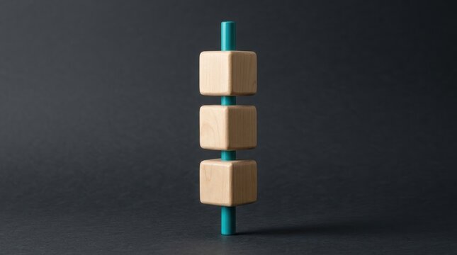 Three wooden cubes stacked on a teal rod against dark background