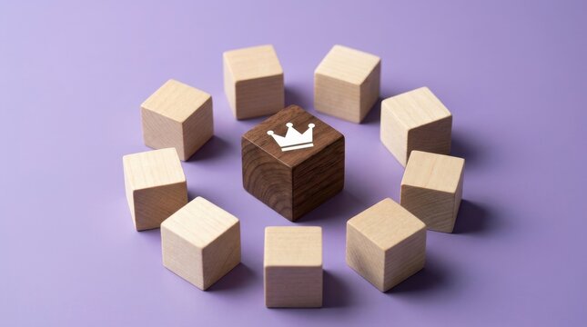 Wooden cubes circle a dark block with crown icon symbolizing leadership and team unity on purple background