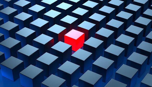 Blue and black cubes arranged in a dense geometric pattern with one vivid red cube standing apart, symbolizing uniqueness, innovation, leadership, and differentiation.