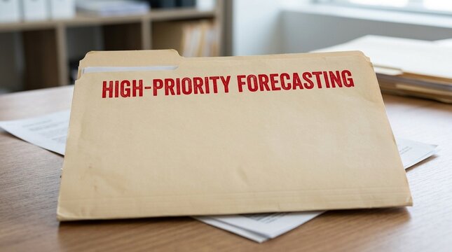 High-Priority Forecasting Folder Labeled in Red Lettering, Office Records and Document Management Concept