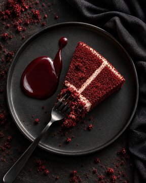 red velvet cake, cake slice, dessert on plate, dark food photography, sweet treat, red velvet pastry, elegant dessert, delicious slice, gourmet food, dark mood