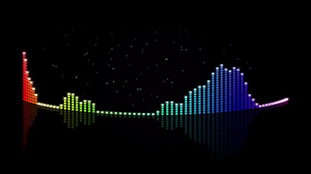 Digital audio spectrum visualizer with rainbow frequency bars, glowing music equalizer wave on black background, neon sound levels for podcast and dj production