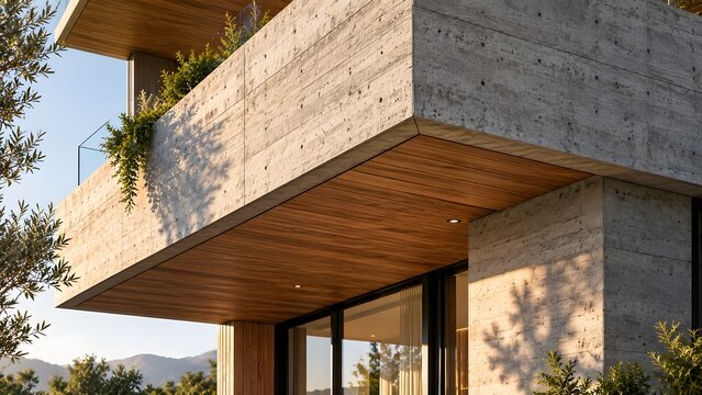 Architectural Detail of Modern Cantilevered Concrete Balcony.