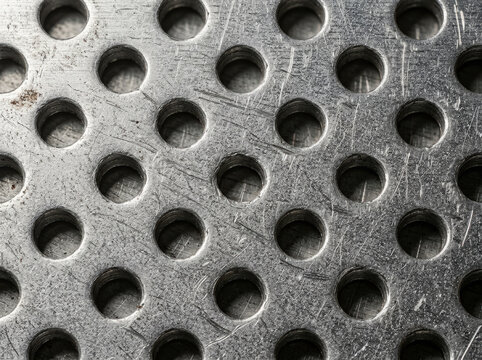 Perforated aluminum sheet texture. Industrial metal background with holes