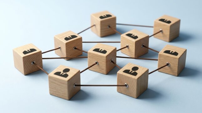 Connected wooden cubes with person icons symbolizing business network, teamwork, collaboration, and stakeholder mapping