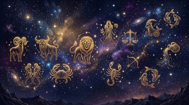 Golden Zodiac constellations and horoscope signs in a starry night sky with cosmic nebula