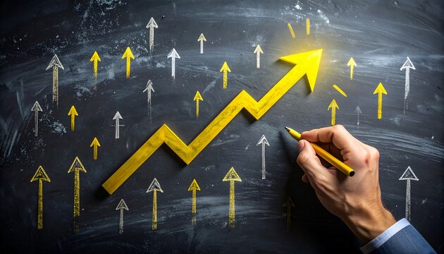 Business growth concept showing a hand drawing a large yellow upward arrow among smaller arrows on a chalkboard, representing progress, strategy, investment, and rising performance.