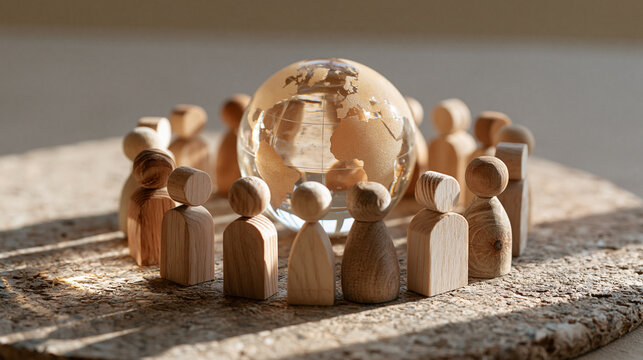 Global Community Support Concept with Wooden Figures and Sphere