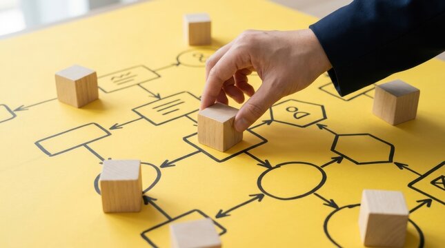 Hand placing wooden cube on business flowchart diagram on yellow background
