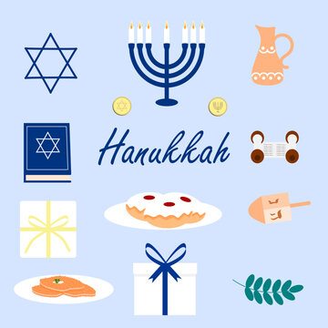 Hanukkah vecor elements set with traditional symbols: star of david, menorah, torah, dreidel, olive branch, jug of oil, hanukkah gelt, sufganiya, latkes