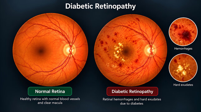 Medical infographic comparing a healthy human eye retina with one affected by diabetic retinopathy, showcasing retinal hemorrhages and hard exudates as complications of diabetes mellitus