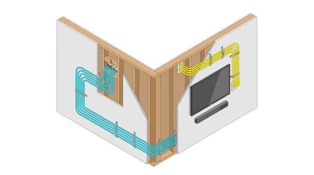 Isometric view of electrical and network cable routing inside a residential wall structure.