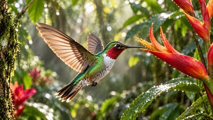 Fototapeta premium Hummingbird Feeding on Tropical Red Flowers.