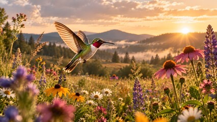 Fototapeta premium Hummingbird Flying Over Wildflower Meadow at Sunrise.