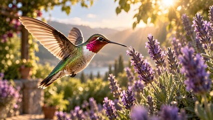Fototapeta premium Hummingbird Hovering Over Lavender Flowers in a Sunlit Garden.