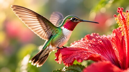 Fototapeta premium Hummingbird Hovering Over Red Hibiscus with Dew Drops.