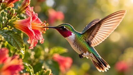 Fototapeta premium Hummingbird Interacting with Red Flower.
