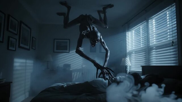 Creepy creature stalks a sleeping person in a dark bedroom at night