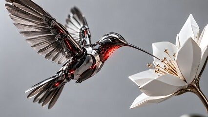 Fototapeta premium Mechanical Hummingbird Robot with White Flower.