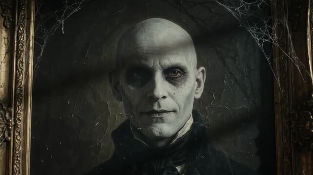 Pale gothic portrait in ornate frame reveals a sinister smile