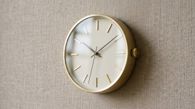Modern minimalist gold wall clock on a neutral textured background surface