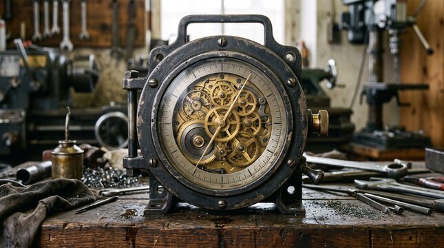 Vintage industrial clock with brass gears in an engineering workshop