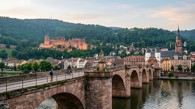 Historic Bridge Over River With Castle Hill.