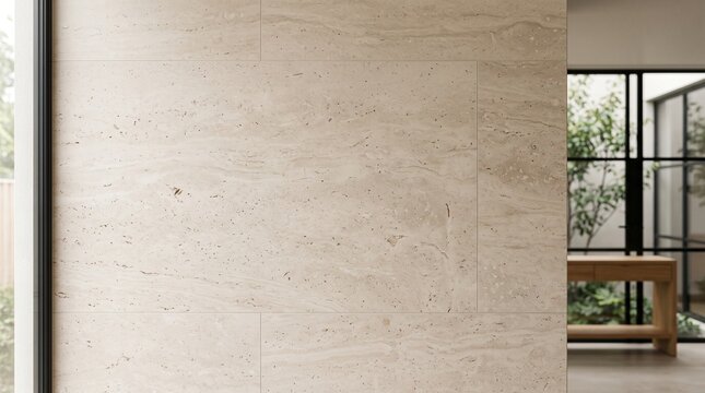 Modern interior wall featuring elegant beige travertine stone cladding with natural texture.