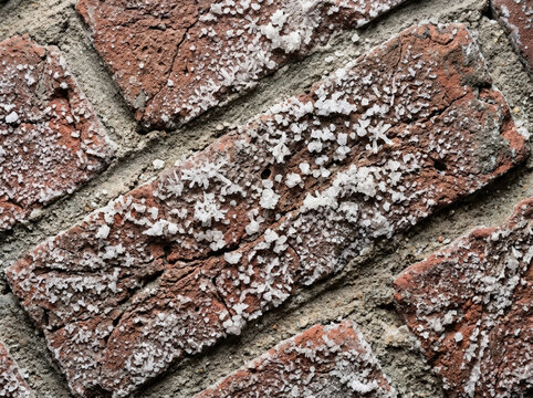 Macro shot of snow crystals on brick. Hexagonal ice flakes on masonry