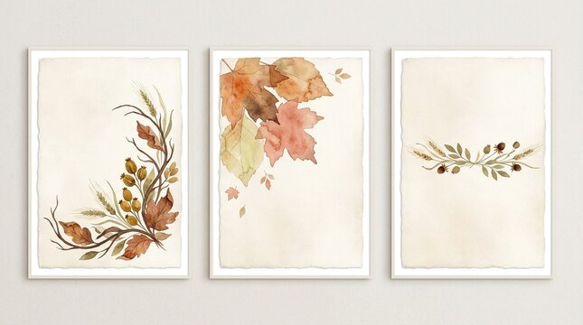 Set of three artistic watercolor Thanksgiving posters featuring elegant autumn leaves and dried wheat stalks in rustic seasonal colors for harvest home decoration, isolated on a white background