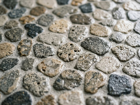 Stone mosaic tile shower floor texture. Wet pebble surface
