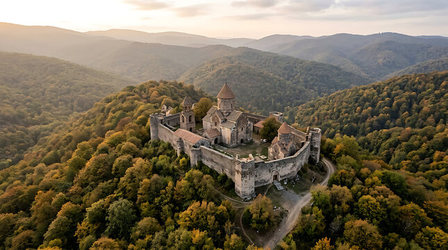Medieval Castle Nestled in Mountainous Forest.