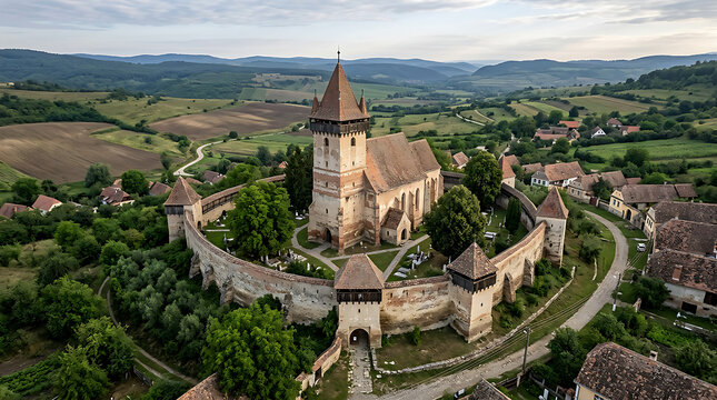 Medieval Castle Perched Over Green Valley.