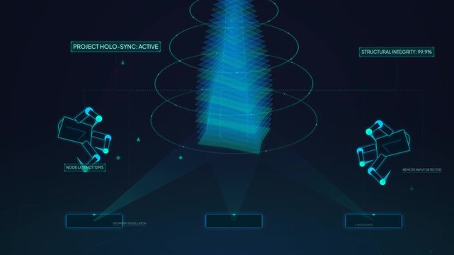 Futuristic UI HUD displaying a holographic blueprint of a building structure with robotic arms manipulating data, node latency, geometry tessellation, and structural integrity metrics