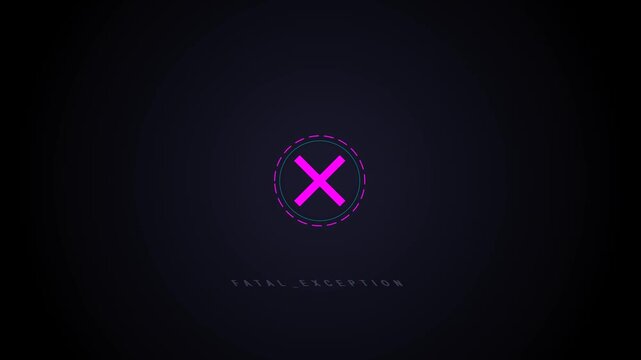 System error notification with glowing pink cross symbol and fatal exception text on dark digital background